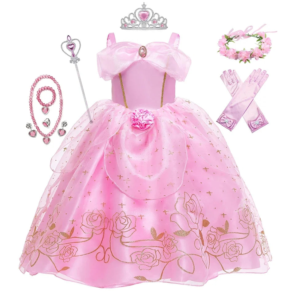 Kid Princess Pink Dress Girl Summer Fancy Party Clothes Children Sleeping Beauty Flower Dresses Christmas Carnival Costume Cloth