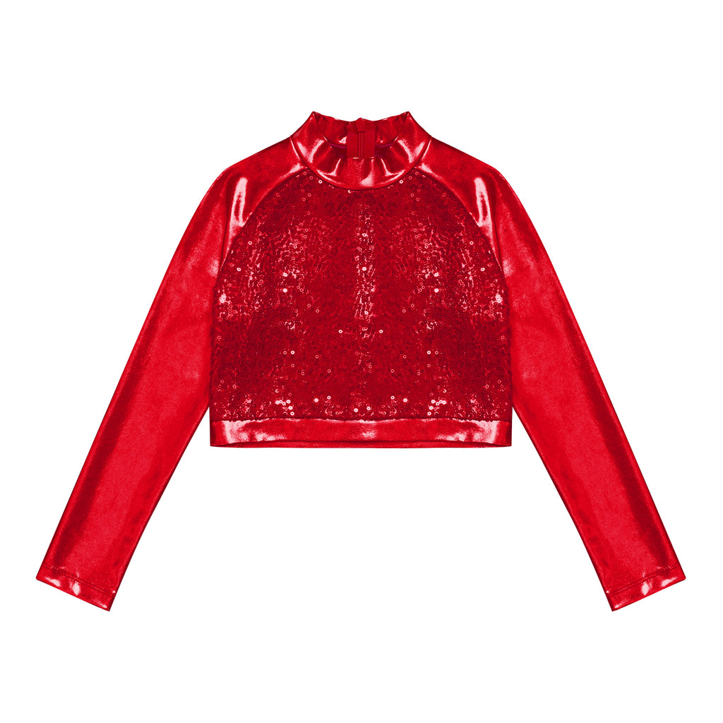 Kids Girls Shiny Metallic Crop Top Mock Neck Long Sleeve Front Sequin Fully Lined Athletic T-Shirts Jazz Hip-hop Dance Tops