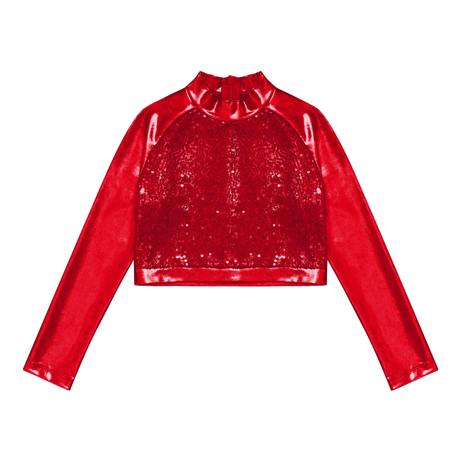 Kids Girls Shiny Metallic Crop Top Mock Neck Long Sleeve Front Sequin Fully Lined Athletic T-Shirts Jazz Hip-hop Dance Tops
