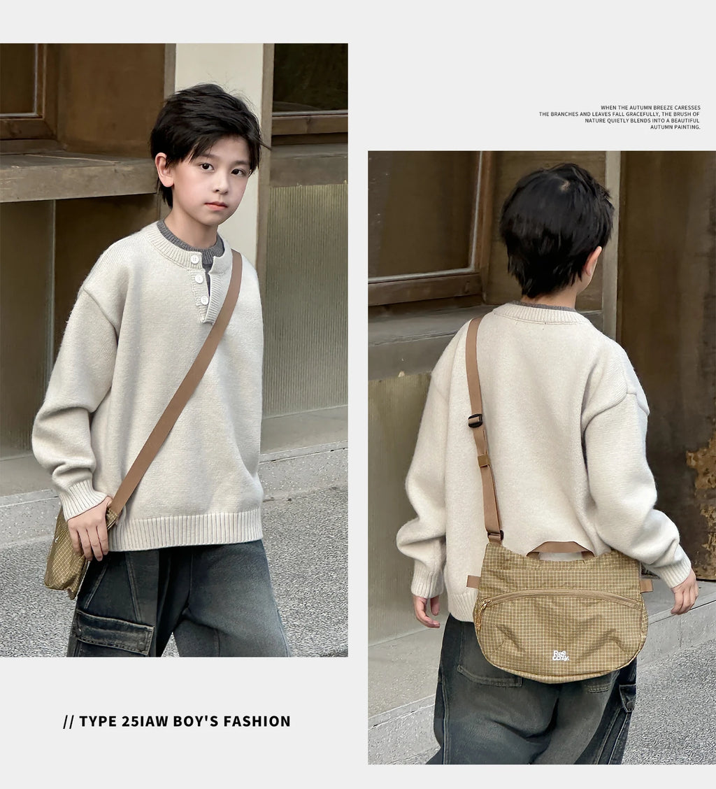 Child Minimalism Style V-Neck Sweater for Tween Boy Beige Grey Color Knitwear Korean Kids Spring Autumn Casual Knitted Clothing