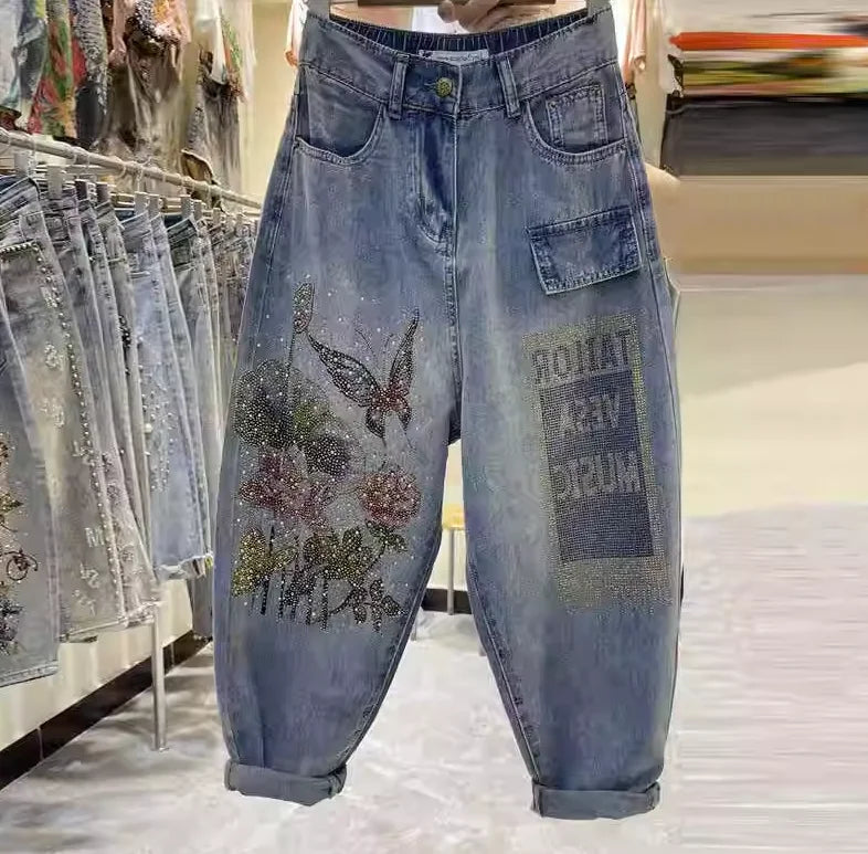 Baggy Jeans Women Printed Rhinestones Jeans Mujer 2023 Spring New Loose Casual Cropped Pants Ankle-Tied Harem Pants Female