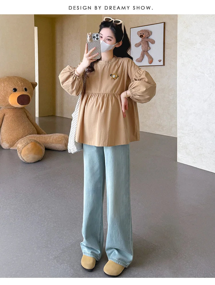 Maternity Blouse Spring Autumn Flower Round Neck Puff Long Sleeve Tops For Pregnant Women 2026 Loose Comfortable