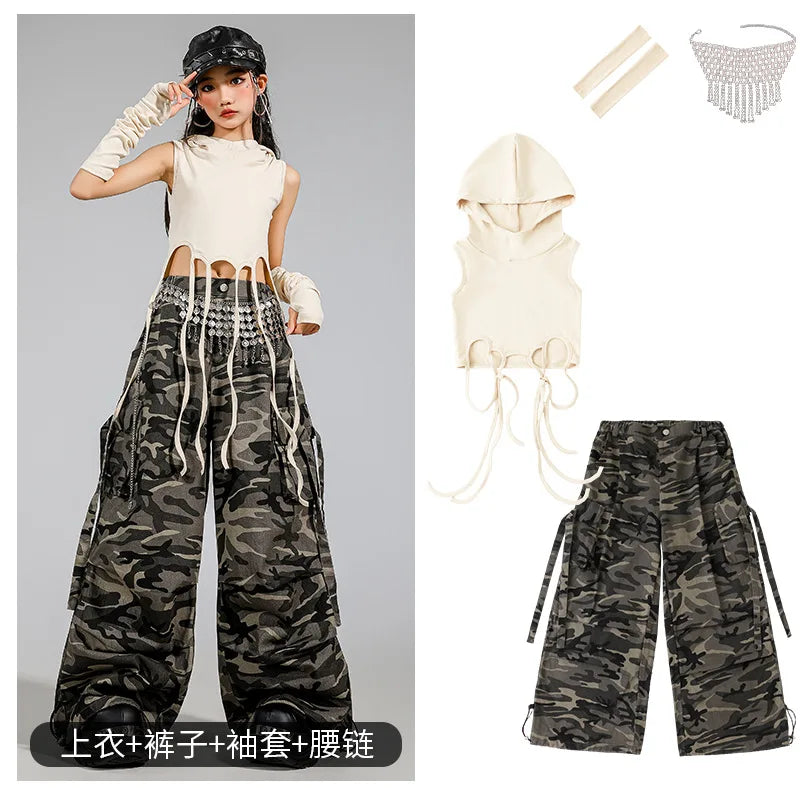 Kid Modern Dance Clothes Girl Jazz Dance Lace up Crop Hoodie Camouflage Pants Navel Performance Suit Kpop Group Stage Costume