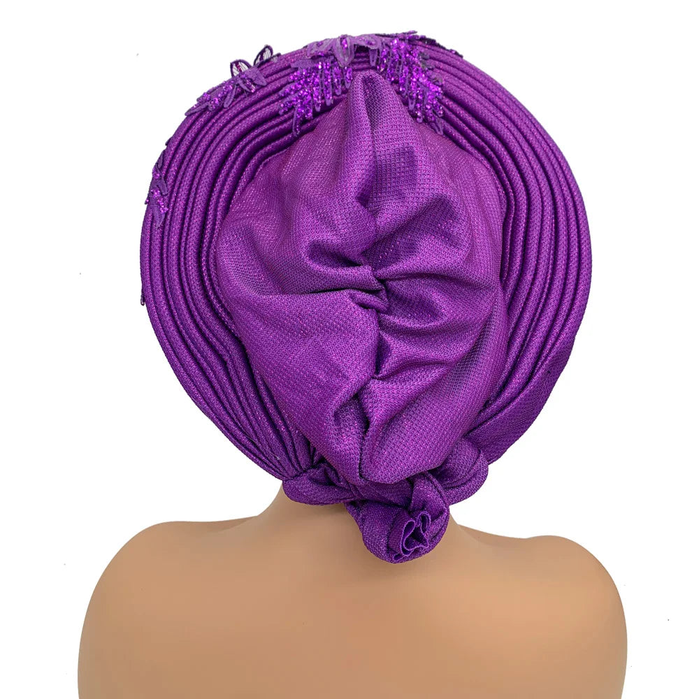 Elegant African Autogele Women's Turban Cap Nigeria Wedding Gele Ready to Wear Headtie with Embroidery Lace Party Headwear