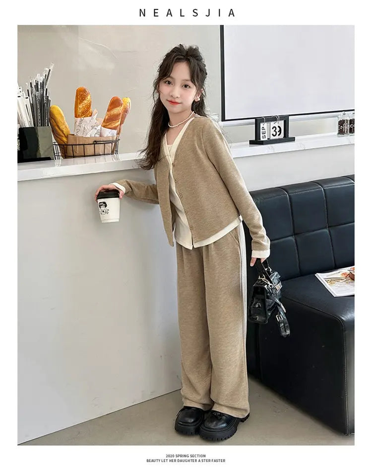 Korea Style Girls Casual Clothing Sets Single Button V-Neck Fake Splice Top and Pants Two Pieces Grey Khaki Kids Teenage Outfits
