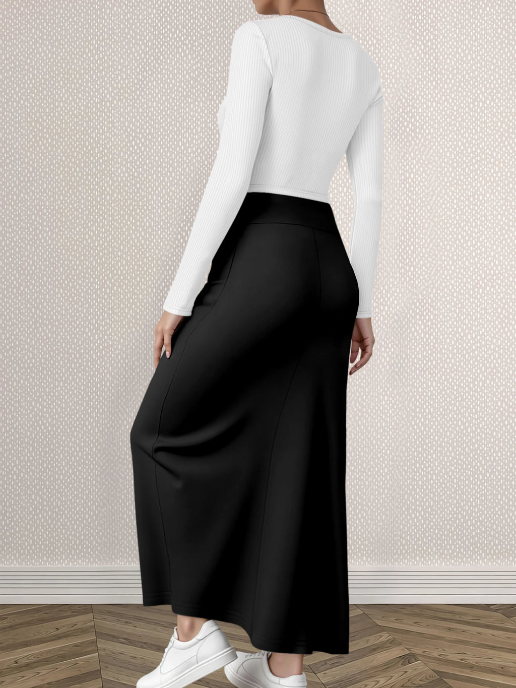 Mature Style Women 2Pcs Outfit, Ribbed Square Neck Crop Top + High Waist Draped A-Line Maxi Skirt