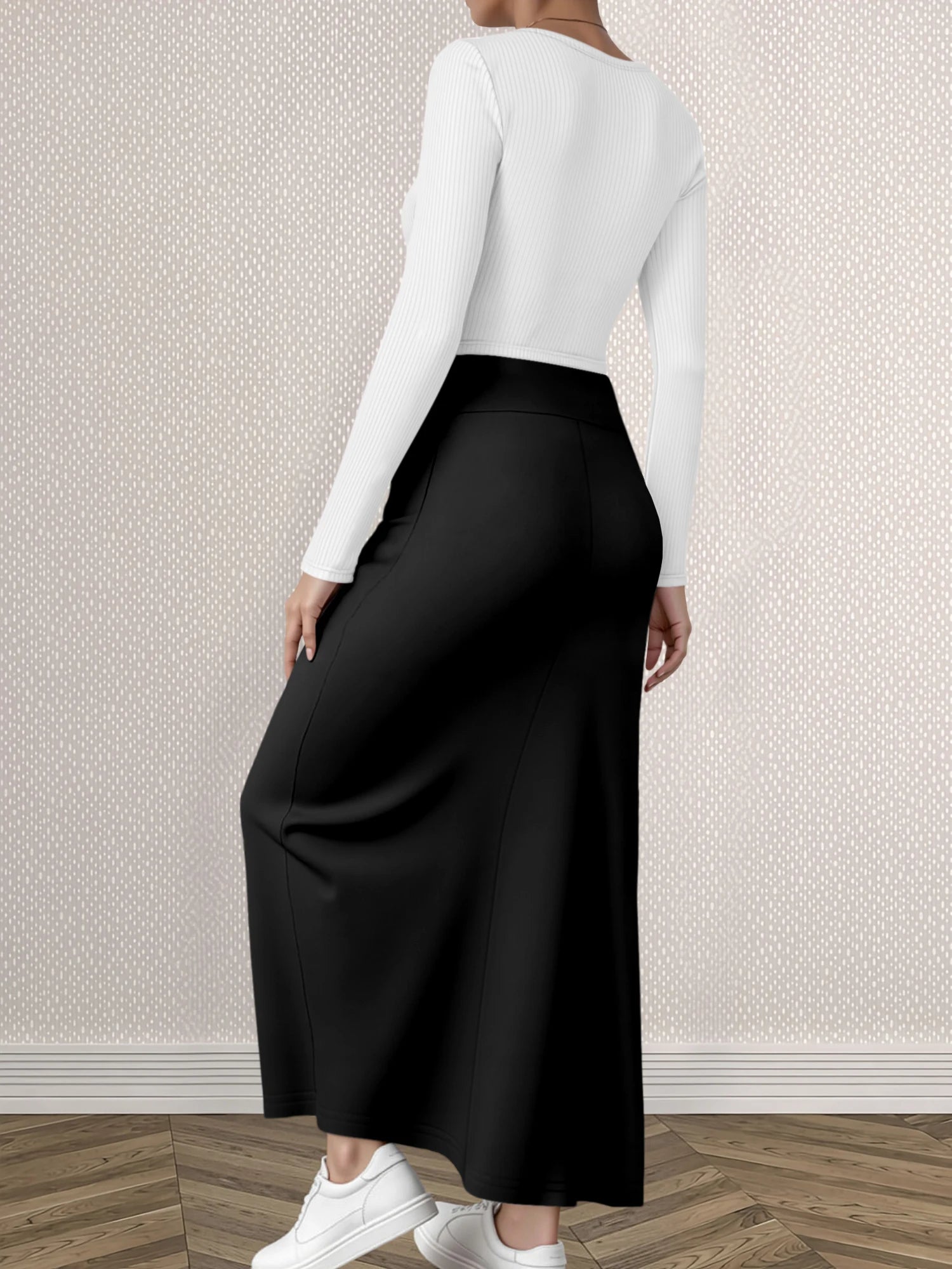 Mature Style Women 2Pcs Outfit, Ribbed Square Neck Crop Top + High Waist Draped A-Line Maxi Skirt