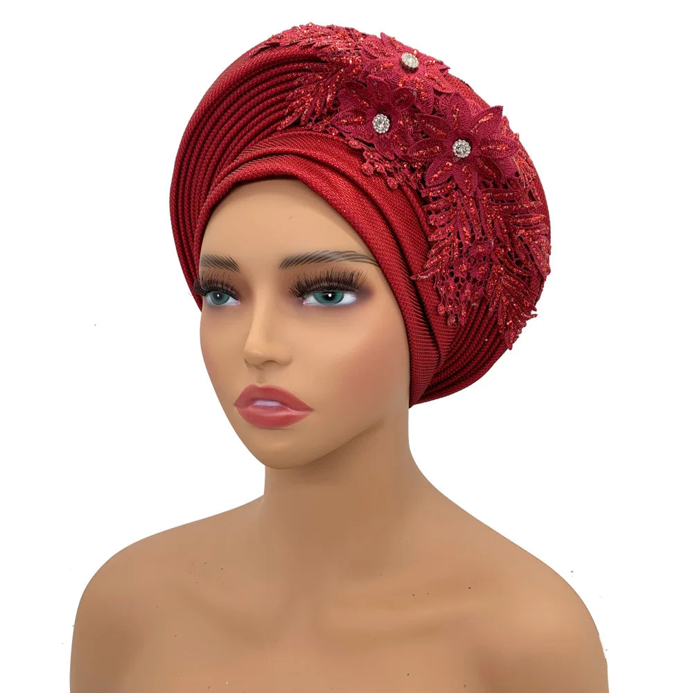 Elegant African Autogele Women's Turban Cap Nigeria Wedding Gele Ready to Wear Headtie with Embroidery Lace Party Headwear
