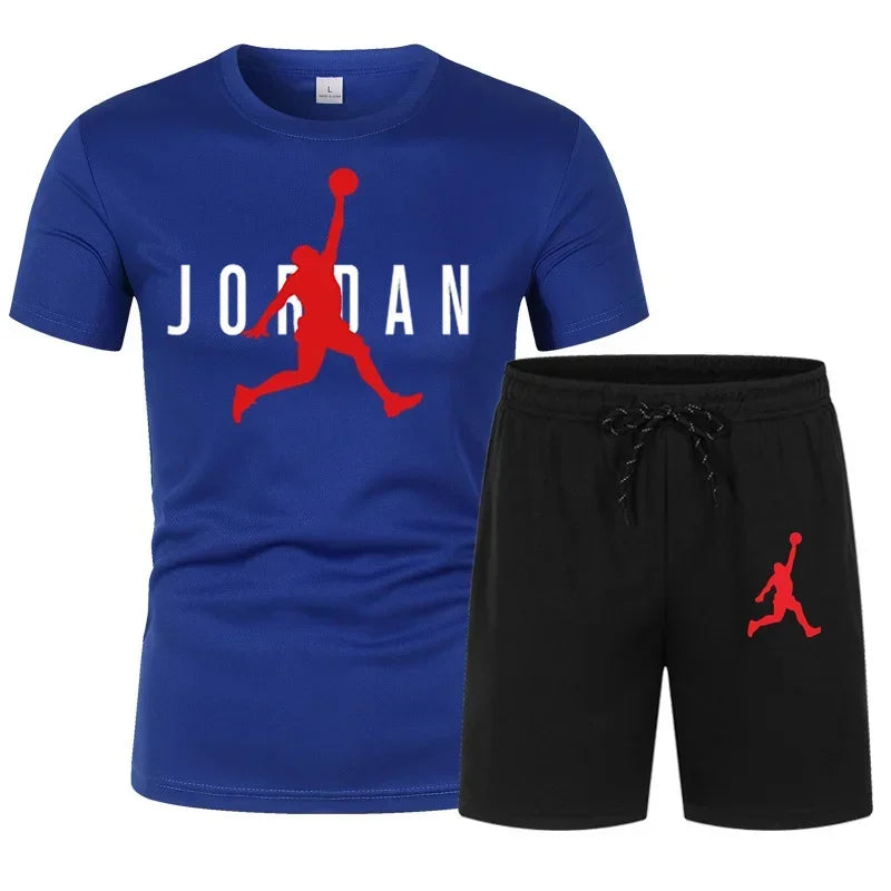 New summer men's casual sportswear set, fashionable and breathable men's round-neck short-sleeved T-shirt + jogging shorts