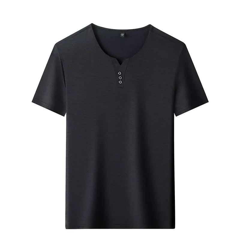 Three Button V-neck T-shirt Men 2026 New Men's Business Casual Short Sleeve Tshirt Korean Style Summer Comfortable Versatile Top