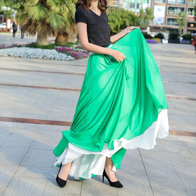 Fashion Chiffon Skirts Womens Elegant Casual High Waist Boho Long Dance Skirt Female Party Beach Maxi A-Line pleated Skirt