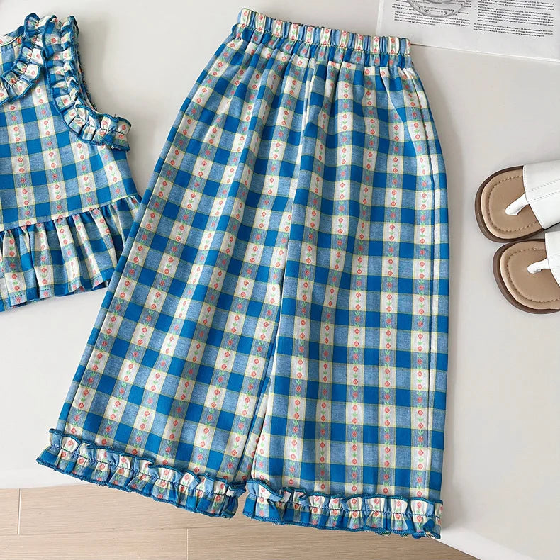 Girls 3-Piece Outfit Set – Blue Plaid Floral Sleeveless Top + Wide Leg Pants & Shorts, Summer Mix & Match Clothes