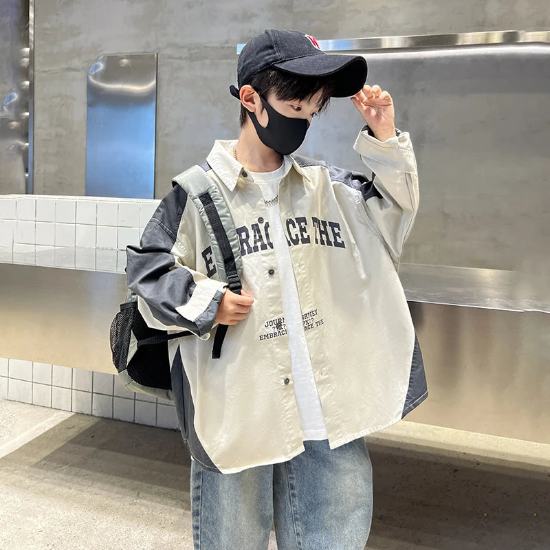 Korean Children Loose Style Long Sleeve Shirt for Teenage Boy Casual Spring Autumn Clothing School Kids Blouses Age 5 To 14 Y