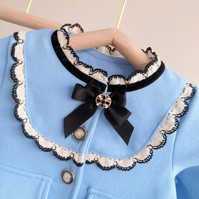 Girls Set 2024 Spring Autumn Girls Treasure Bow Two Piece Set Baby Coat Pants Blue Two Piece Set