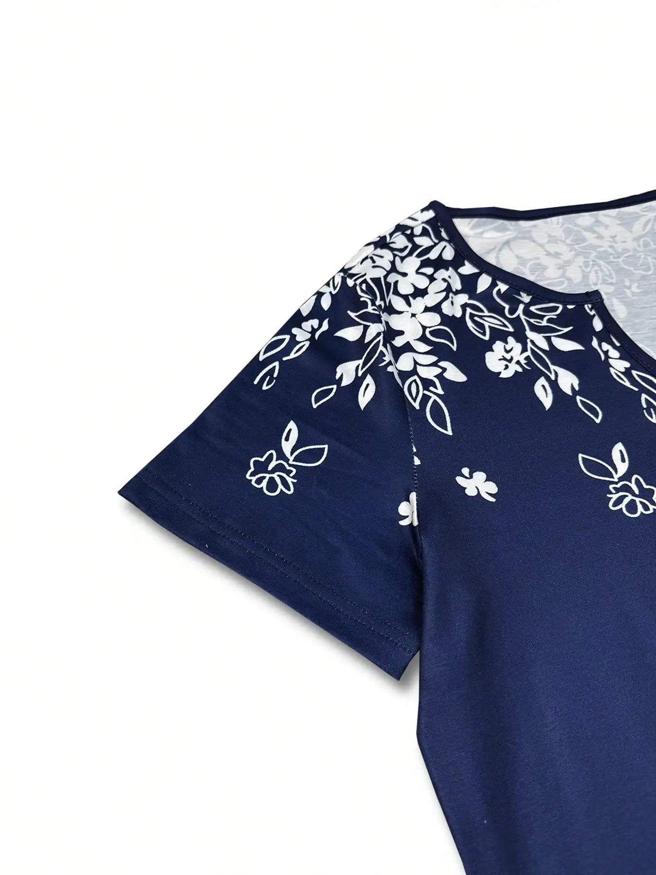 Women's elegant floral V-neck T-shirt, polyester knit fabric, regular length, short sleeves, summer style.