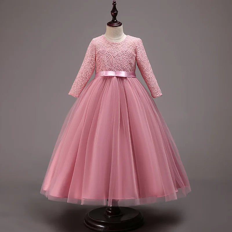 Elegant Dress For Teenage Girl Lace White Long Sleeve Wedding Princess Dresses For Children Prom First Communion Long Puffy Gown