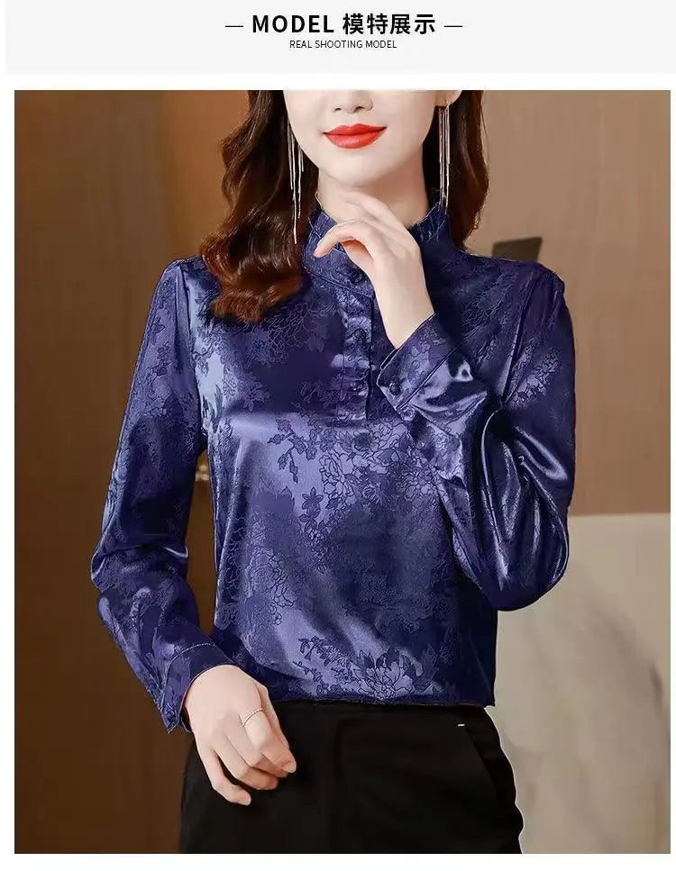 Premium Satin Blouse Women Spring Age-Reducing Print Loose Long Sleeve Top Fashion Elegant Collar Shirt