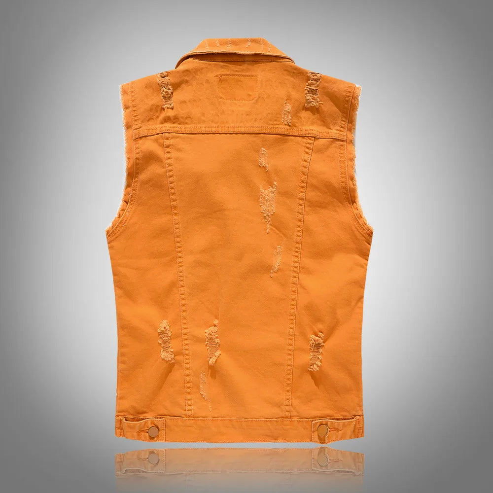 New Fashion Men Ripped Denim Vests Jackets Man Trendy Casual Sleeveless Coats Male Streetwear Personality Slim Jeans Waistcoats