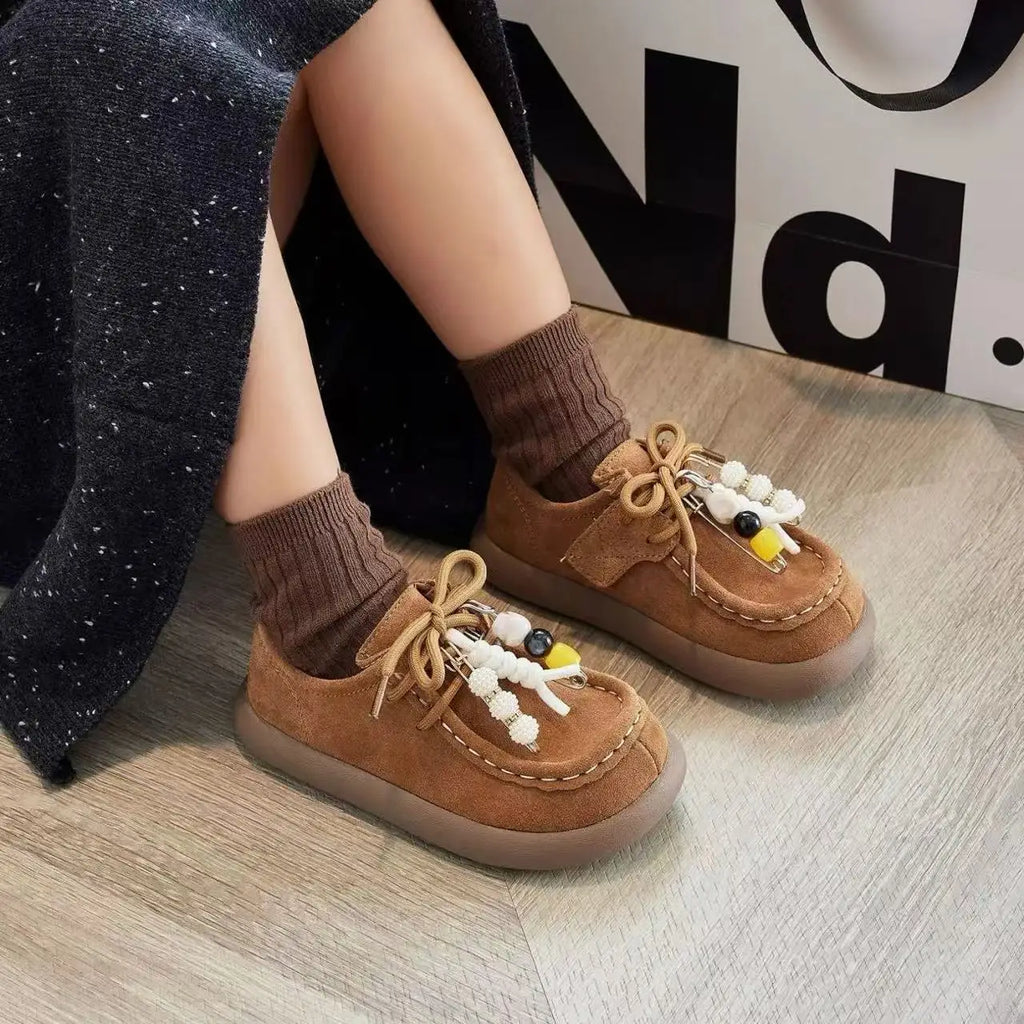 Boys Girls Leather Shoes with Cute Beaded 2025 New Autumn Toddler Walking Shoes Soft Sole Simple Versatile Kids School Loafers
