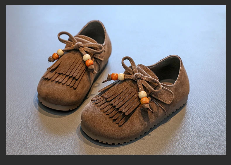 Girls' All-inclusive fringed Boken shoes 2025 Autumn Edition Soft-soled little girl princess Shoes Children's Bean single shoes
