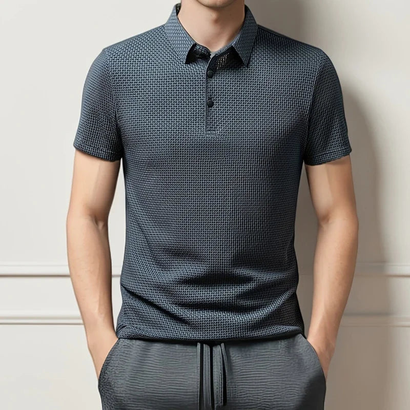 New Men's Business Casual Short Sleeved Bone Flower Solid Color POLO Shirt Fashion Breathable Comfortable Summer Versatile Top