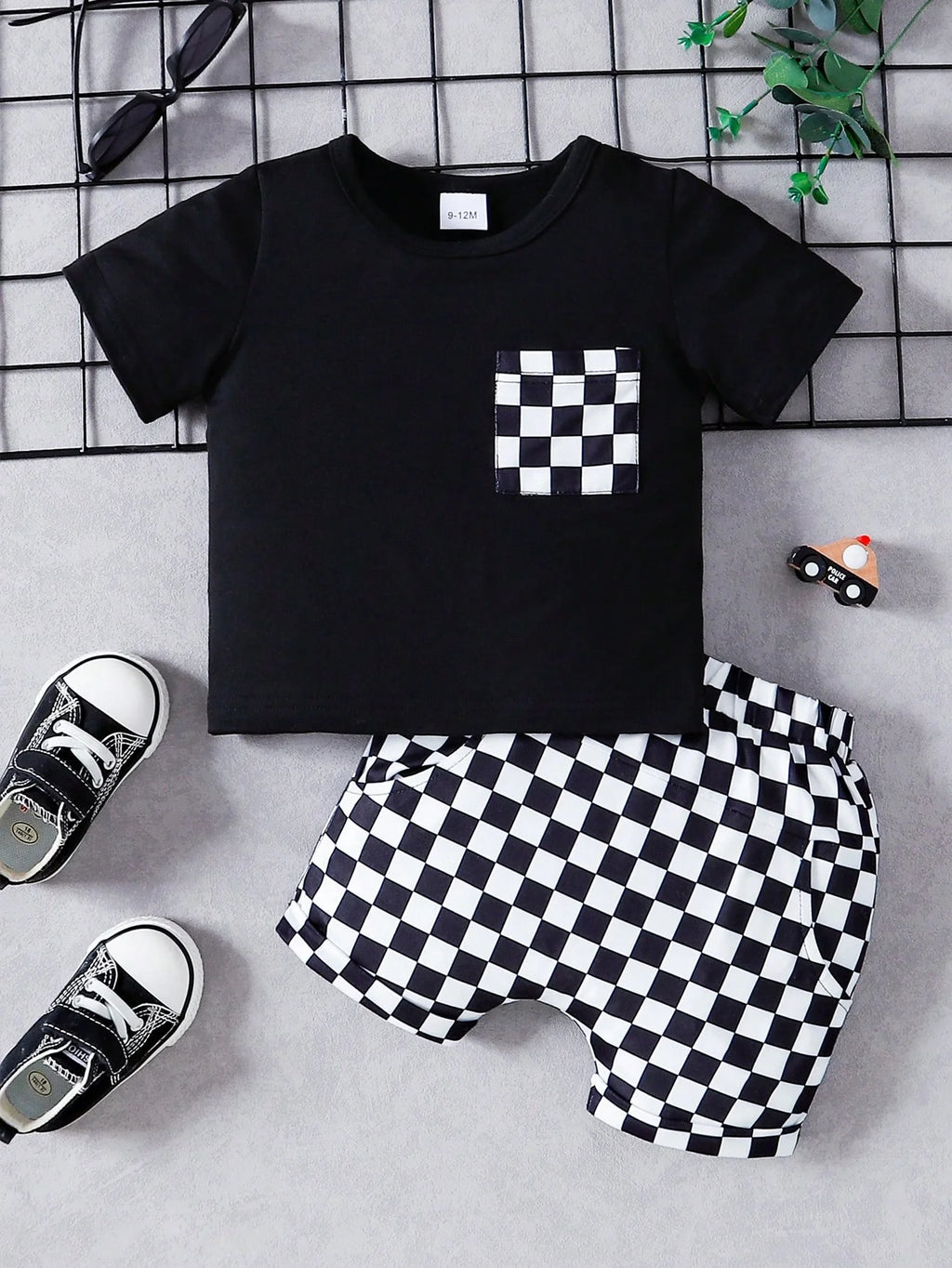 Summer Baby Boys 9-12M Black T-Shirt With Checkerboard Pocket & Checkerboard Harem Shorts 2Pcs Set Casual Daily Wear Kids Outfit