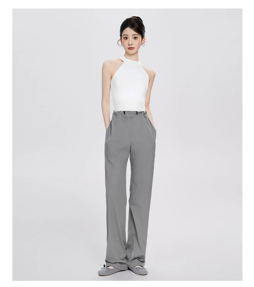 Women Adjustable High Waist Nylon Perspiration Casual Trousers with Pockets Female Athletic Dance Straight-leg Tracksuit Pants