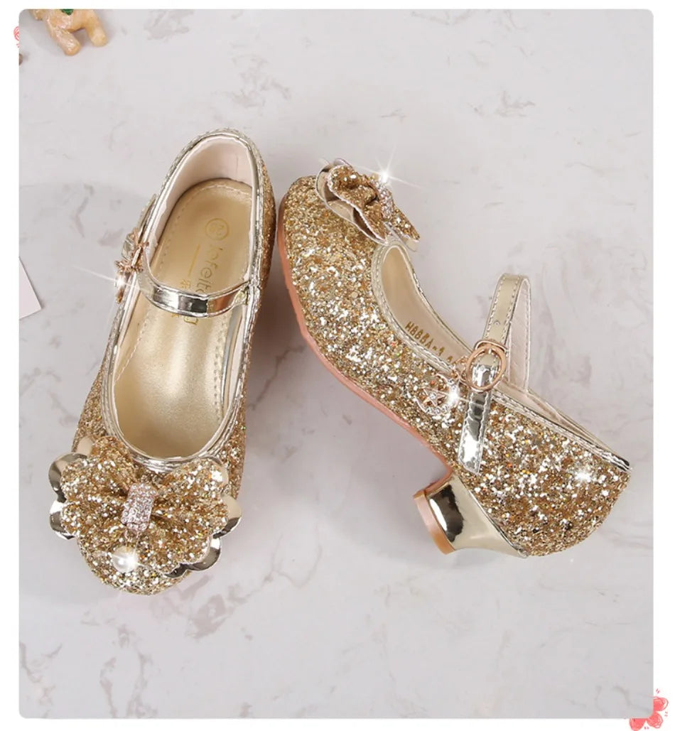 Classic Bow Girl Pu Leather Shoes For Girls Party Dance Children Shoes 3-14 Years Princess High Heels Child Wedding Shoes HSD09