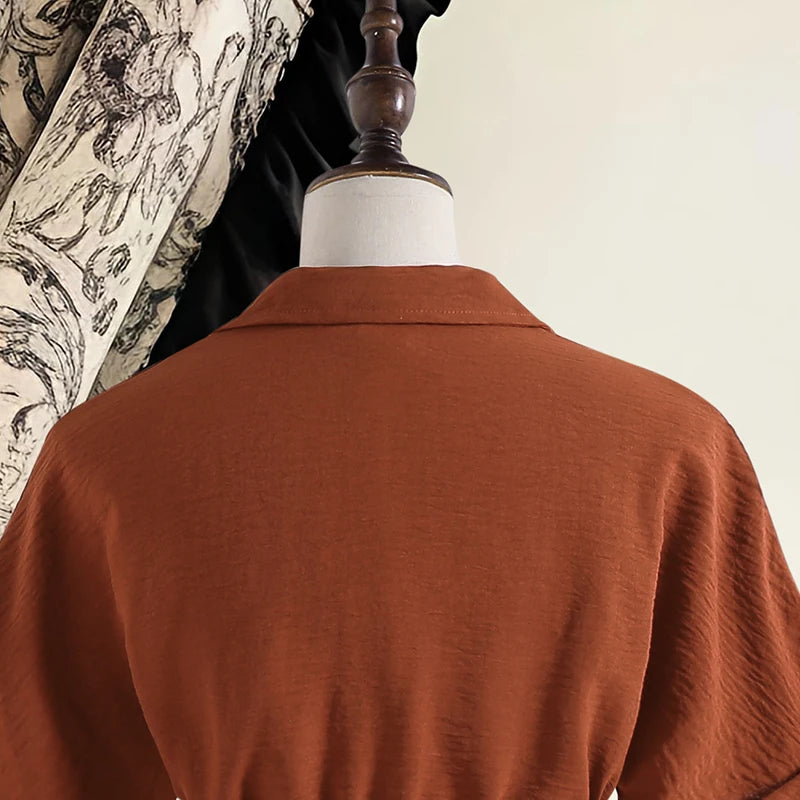 Girls 8-12 Casual Dress, Brown Lapel Short Sleeve Belted Ruched Bodycon Shirt Dress, Retro and Elegant for Daily Wear