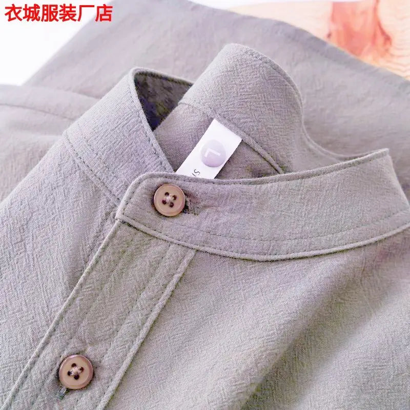 2026 Japanese Stand-up Collar Short-sleeved Shirt Men's Henry Collar Cotton Linen Round Neck Five-point Sleeve T-shirt