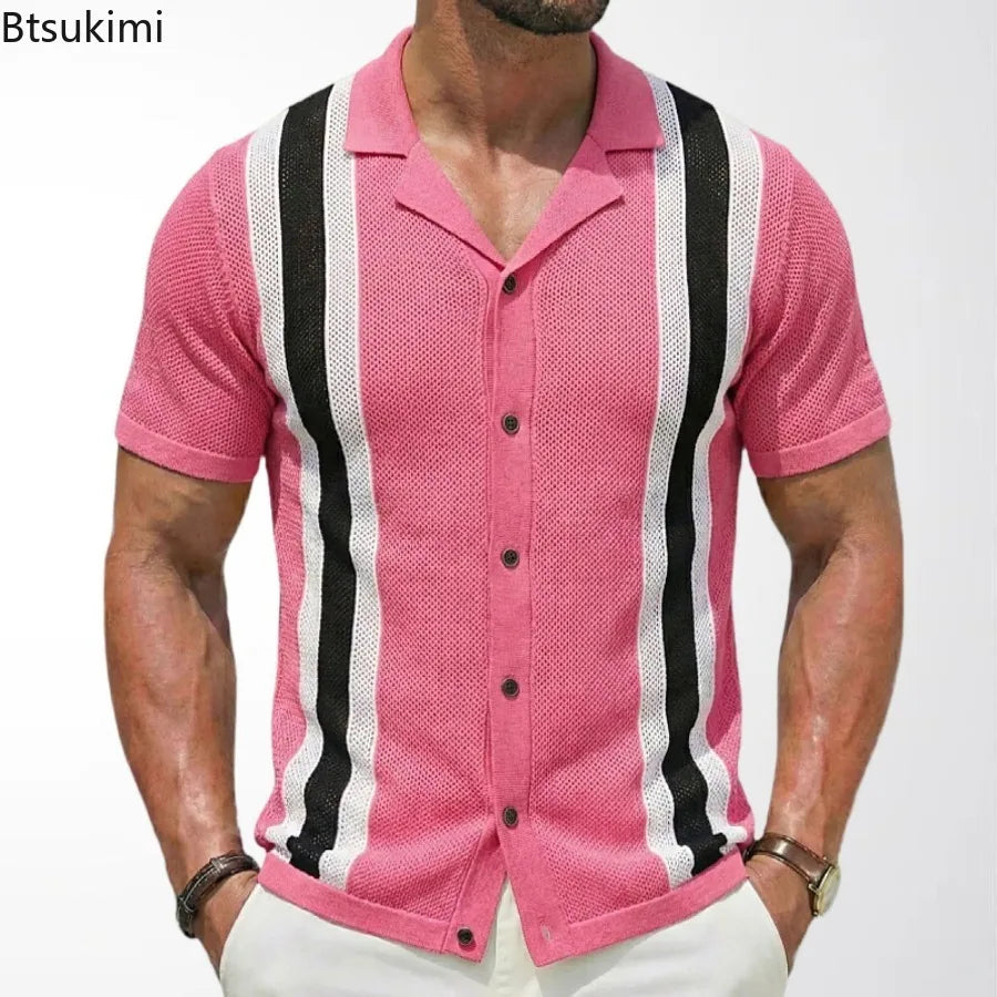 Summer New Knitted Shirts for Men Fashion Cuban Collar Business Casual Social Polo Shirts Knit Cardigans Men Clothing Streetwear