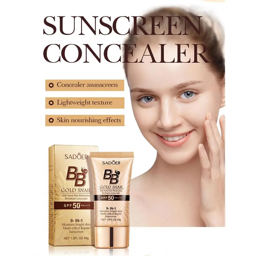 SPF50+ Gold Snail Sunscreen BB Cream Whitening Foundation Concealer Moisturizing Long Lasting Even Skin Tone Makeup Base Primer