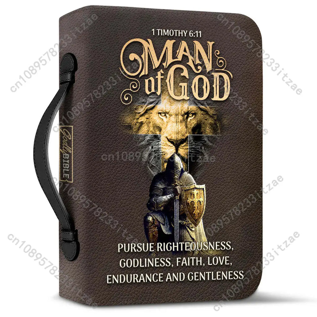 Christianity Church Bible Bag Man Of God 1 Timothy 6 11 Lion Warrior Verse Design Bible Cover Case PU Handbags Study Book Boxes