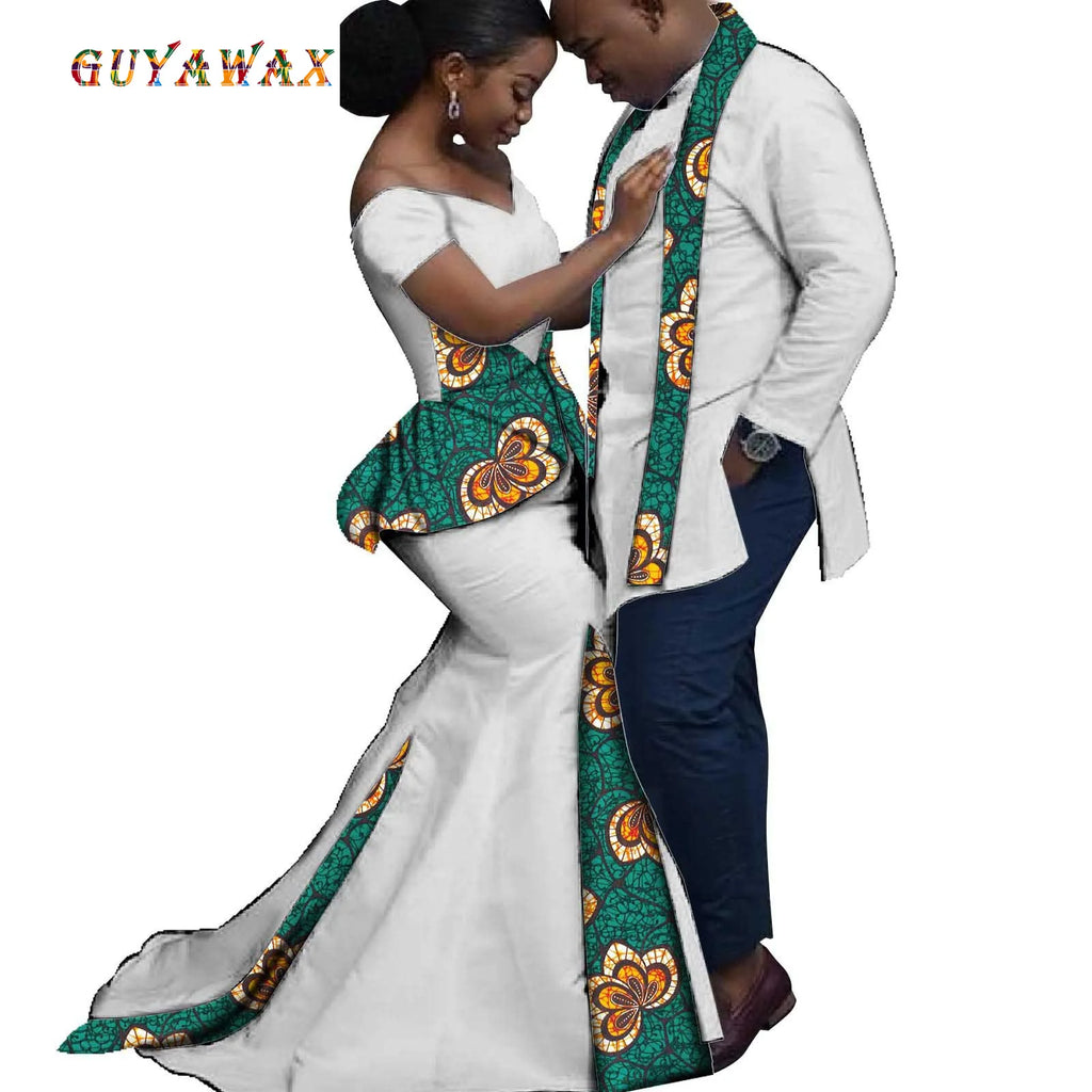 Dashiki Couple African Clothes Matching Clothes for Couples Women Ankara Print Party Dresses Fashion Men Top and Scarf Suits