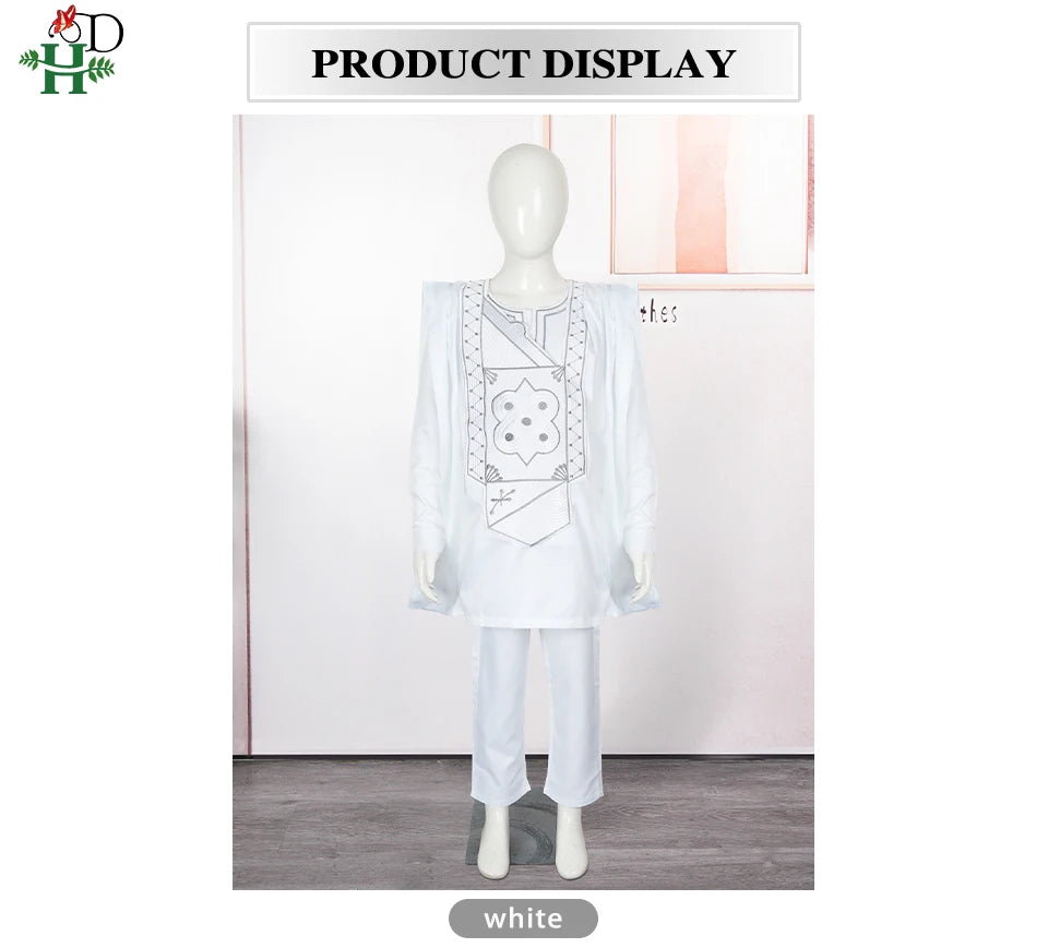 2025 New African Traditional Clothes For Kids Boy White Blue 3 PCS Set Long Sleeve Tops Embroidery Dashiki Robe Shirt Pant Child