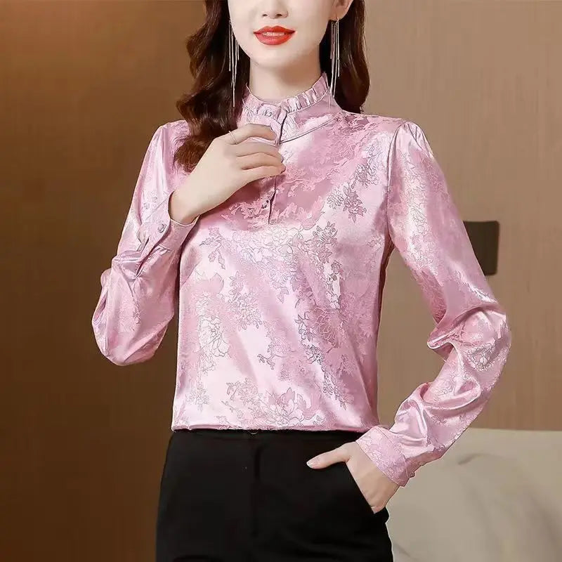Premium Satin Blouse Women Spring Age-Reducing Print Loose Long Sleeve Top Fashion Elegant Collar Shirt