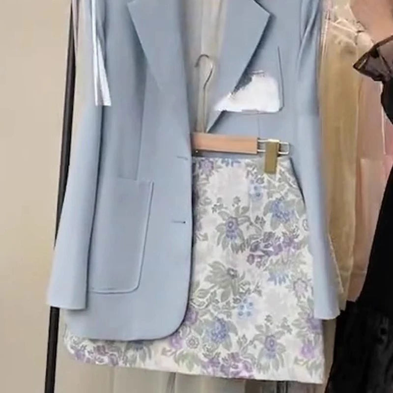 skirt sets Suit vest skirt spring new beautiful Korean blue coat printed skirt suit female sfashion sense blue suit floral skirt