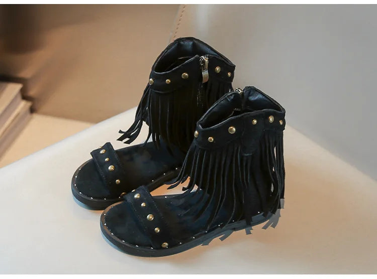 Sandals for Girl Summer New Fashion Strap Roman Sandals with Tassel Rivet Girl Shoes Personalized Kid Cool Boot Sandalias Mujer
