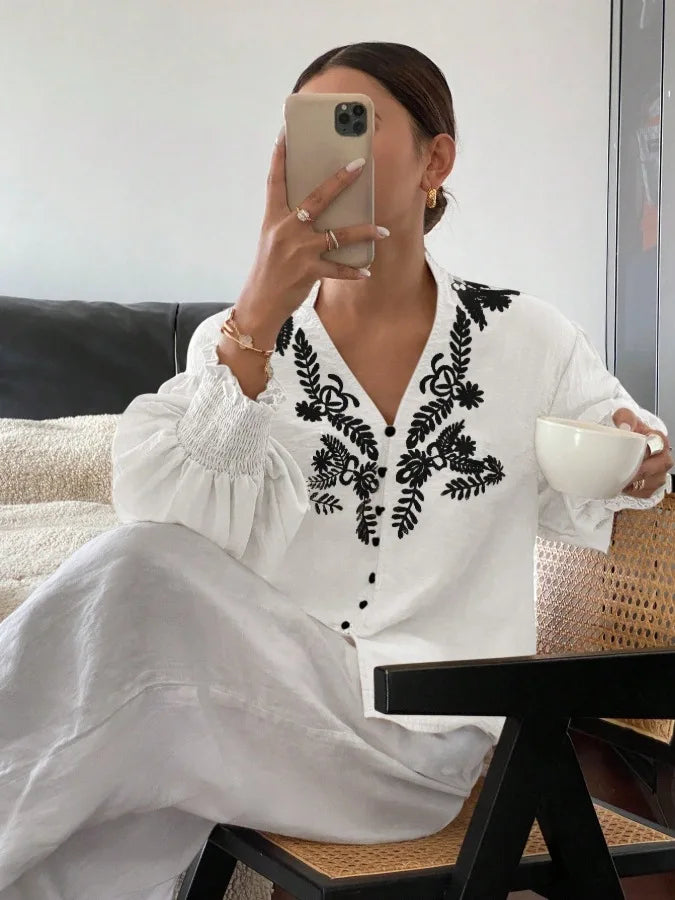 Women Autumn Single Breasted V-neck Blouses and Shirts Ladies Casual Embroidery Long Sleeve Shirt Tops