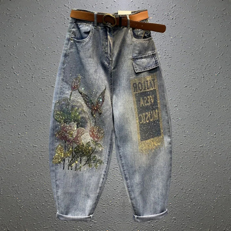 Baggy Jeans Women Printed Rhinestones Jeans Mujer 2023 Spring New Loose Casual Cropped Pants Ankle-Tied Harem Pants Female