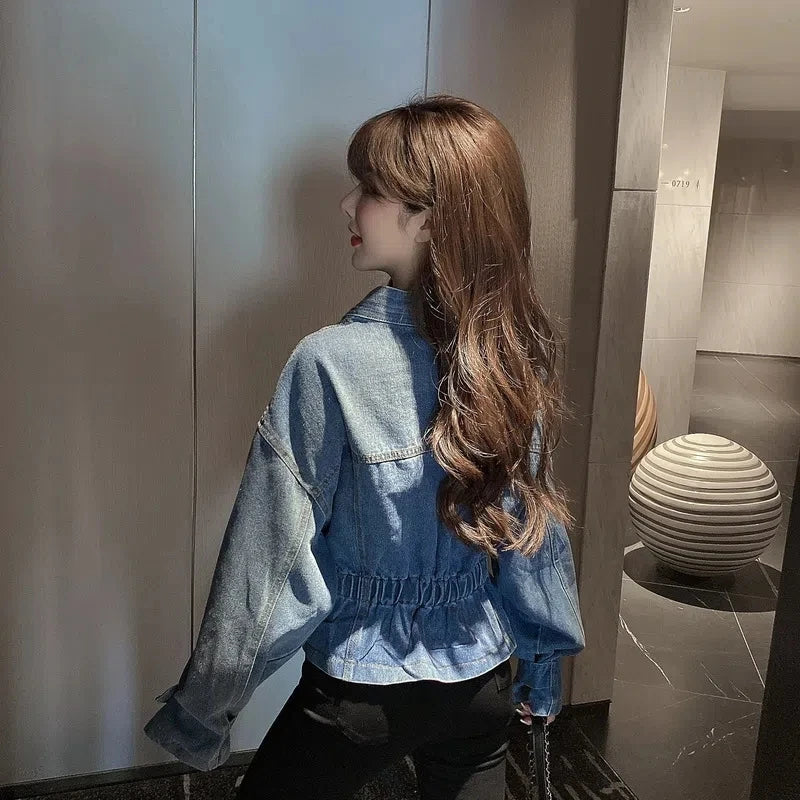 Jean Jacket V-neck Pleated Waist Slim Coat Women's Autumn Korean Fashion Personalized Irregular Shirt Loose Casual Denim Tops