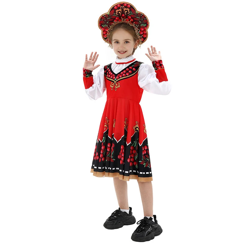 Russian Children Traditional Folk Dance Dress Girls Princess Clothing Tops dress Headwear Carnival Stage Performance Costume