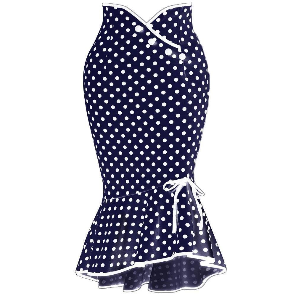 2025 Midi Skirt Womens Ruffles Bodycon Fishtail Skirt Retro Polka Dot Casual Party Pencil Skirt Midi Wrap Skirt Plus Size Skirts