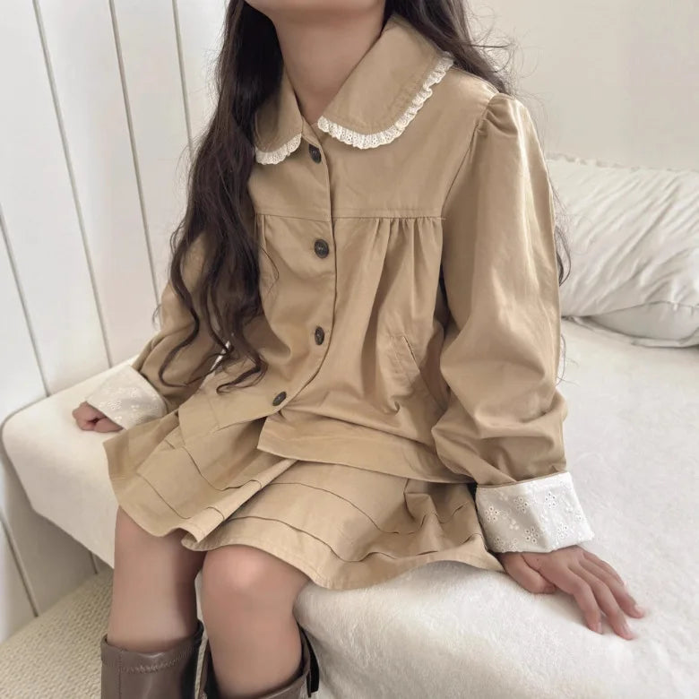 2025 Japanese Girls' Spring and Autumn Cotton Casual Ruffle Collar Jacket, Half Skirt, Children's Forest Two-piece Set