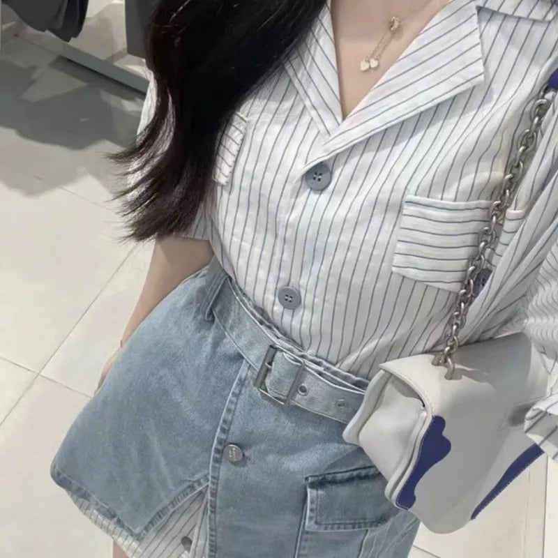 Short Sleeve Mature Skirt Women's Two Piece Set Slit Denim Y2k Clothes Formal Event New in The Same Stylish Full Female Outfits