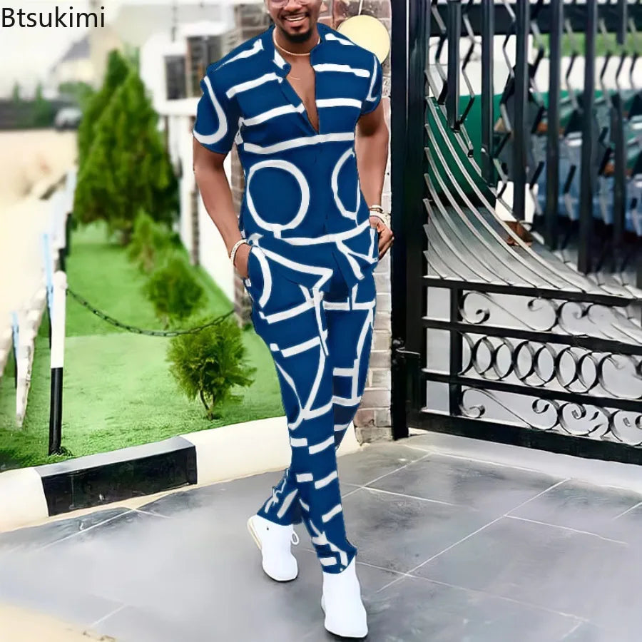 Summer New Men's Fashion Trend Print Shirt Casual Suit V-neck Short-sleeved Trousers Male Streetwear High-quality Two-piece Sets