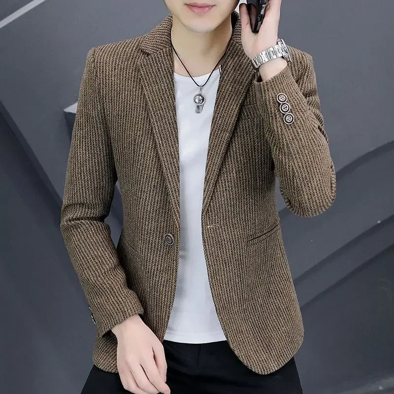 Thin Men's Suit Jackets Single Breasted Male Blazer Coat Brown Slim Fit High Quality Elegant Simple Classic Menswear Clothing