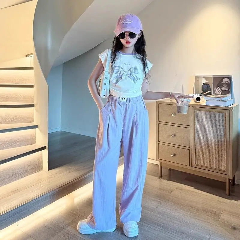 Teen Girls Summer Clothes Color Matching Cartoon T-shirt Trousers Two-piece Suit New Korean Style Sports Suit Children Outfit
