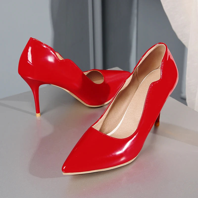 Nude High-Heeled Shoes for Women, Thin Heels, Pointed Toes, Small Size 30, 2024 New Style for Ladies, Elegant Spring and Autumn White Sexy Patent Leather Professional Black Women's Single Shoes, European and American Extra La