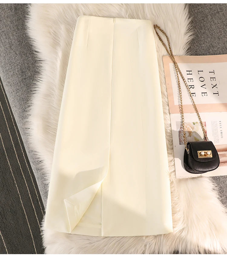 Elegant Office Ladies Work Suit Straight Skirt Women Autumn Winter Korean Fashion High Waist Split Business Midi Long Skirts